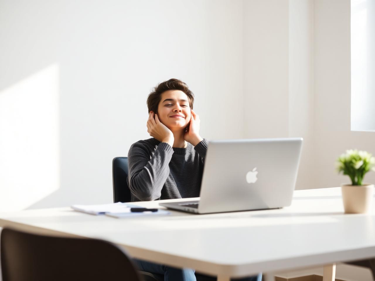Person at desk feeling relieved after consolidating credit card debt
